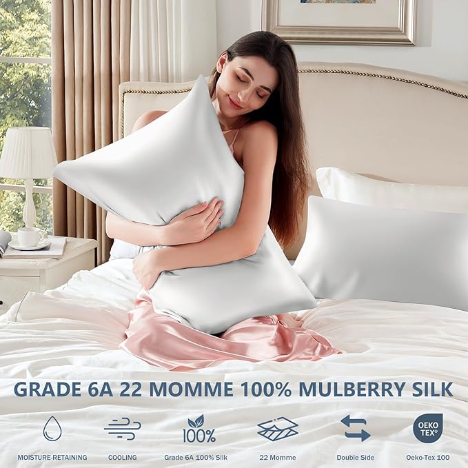 Silk Pillow Cases 2 Pack Queen Size Mulberry Silk Pillowcase Set of 2 for Hair and Skin 30 x 20 Inches 22 Momme Both Side Grade 6A Silk Soft Breathable Cooling with Hidden Zipper, White