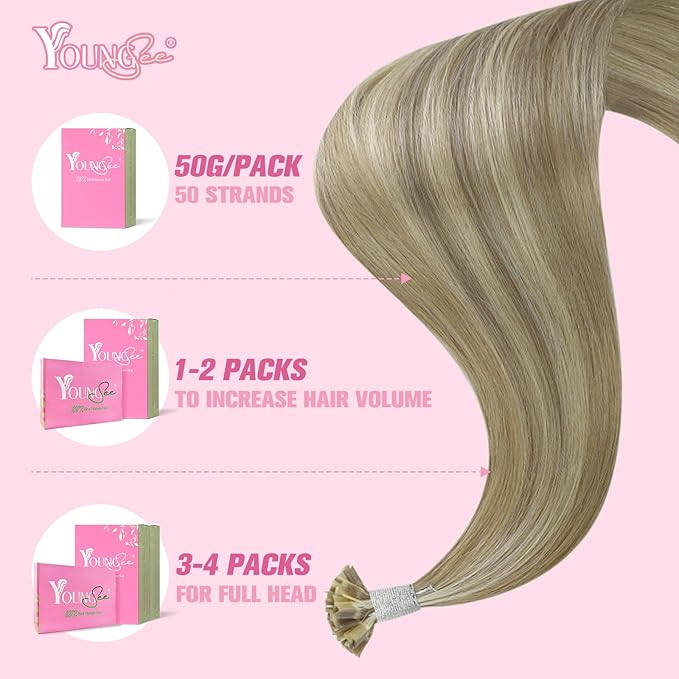 YoungSee K Tip Hair Extensions Light Brown Highlight Ktip Human Hair Extensions for Working Light Brown with Blonde Highlight 20In Soft 50s/50g