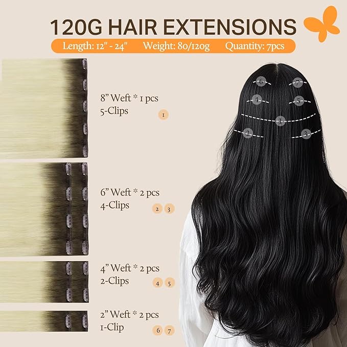 DOORES Clip in Human Hair Extensions, Light Ash Brown to Ash Blonde, 120g, 7pcs, 22 Inch, Real Natural, Thick, Silky