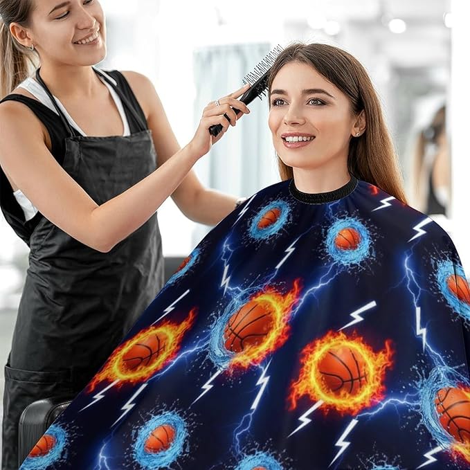 Men Women Adults Water Fire Flame Basketball Print Black Hair Dressing Gown Cape, Extra Large Hairdressing Apron for Barber Salon, Easy Clean