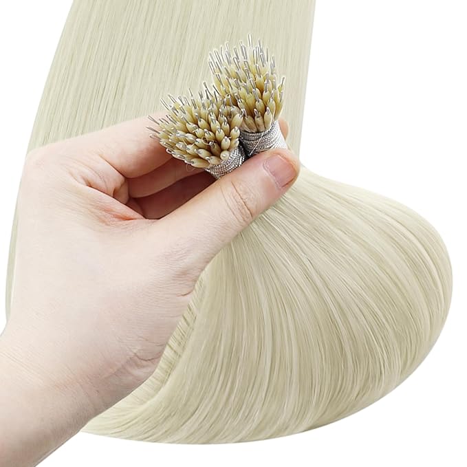YoungSee 22inch Nano Beads Hair Extensions Platinum Blonde Nano Hair Extensions Human Hair White Blonde Long Nano-Link Hair Extension 50s 50g Nanoring Hair Extension for Wedding Instant Length