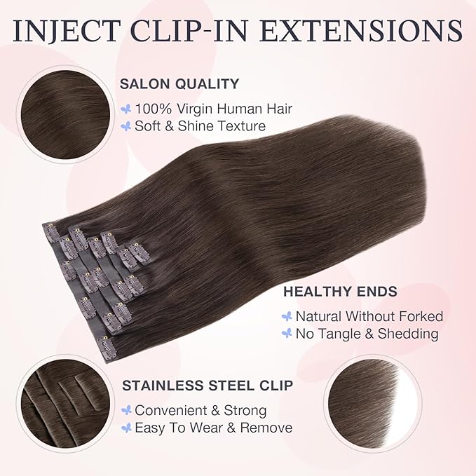 DOORES Clip in Hair Extensions Real Human Hair 18 inch 120g 7pcs Invisible Human Hair Extensions Clip ins, Injected Seamless PU Clipins Virgin Invisi Edge Natural Straight, 4A Chocolate Brown