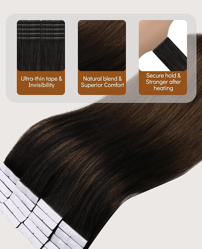 VINBAO Invisible Tape in Hair Extensions Human Hair, 45g 20pcs Natural Black to Chocolate Brown Seamless Injected Tape in Hair Extensions Hand Tied PU Weft 16inch #1BT4