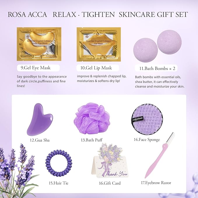 Lavender 23 Pcs Facial Skin Care Set, Luxury Bath and Body Gifts for Women, Spa & Self-Care Gifts, Peptide Sheet Mask, Eye Mask, Present, Birthday, Christmas, Valentines, Mother Day, Bridal Shower