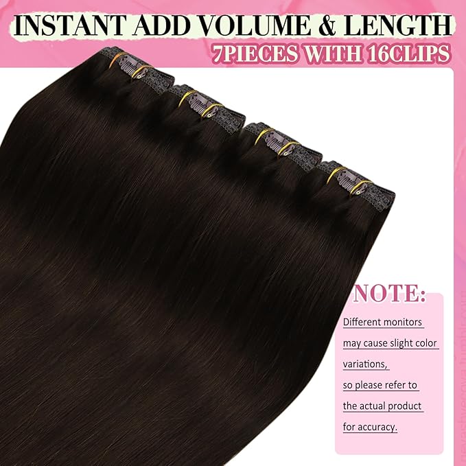 YoungSee Brown Clip in Human Hair Extensions Darkest Brown Clip on Hair Extensions Human Hair Dark Hair Extensions Clip ins for Natural Look 18Inch 120G 7Pcs