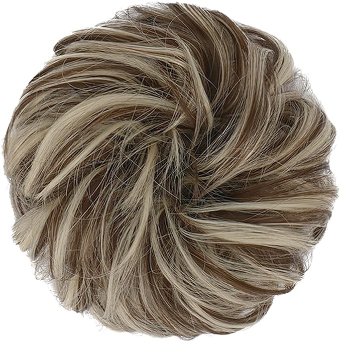 FESHFEN Messy Bun Hair Piece - Elastic Wavy Curly Hair Bun Scrunchies Extensions Synthetic Chignon Hairpieces for Women Girls, Golden Brown & Bleach Blonde 1.5 oz