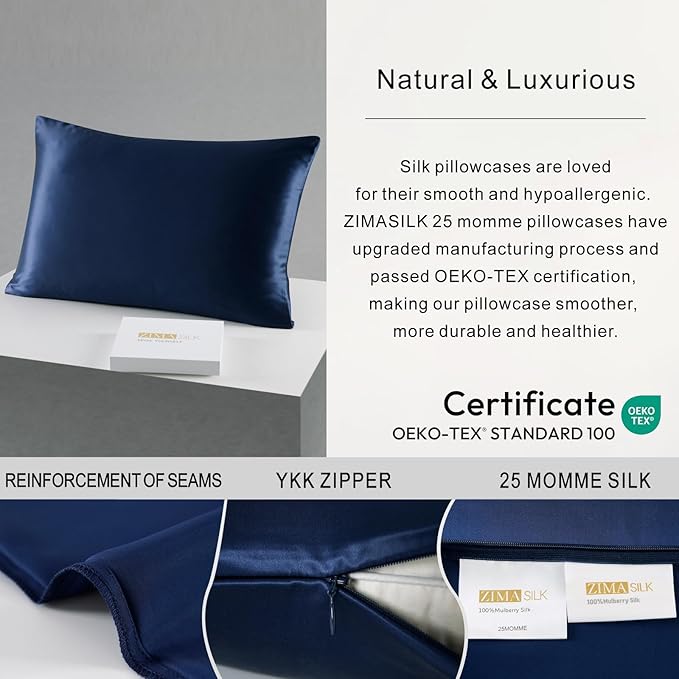 ZIMASILK 25 Momme 100% Pure Mulberry Silk Pillowcase for Hair and Skin Care, Highest Grade 6A Pillow Cases for Women, Long-Lasting Durablity, Gift for Women Men, 1Pc (Standard 20"x26", Navy Blue)