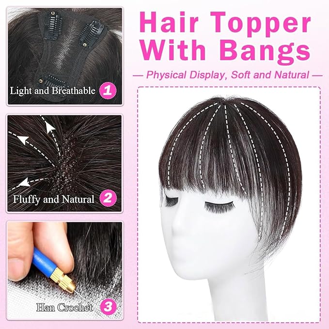 Hair Toppers for Women Real Human Hair 3D Cover Topper with Bangs Hair Extensions Clip in Bangs for Daily Wear Dark Brown #2 Color