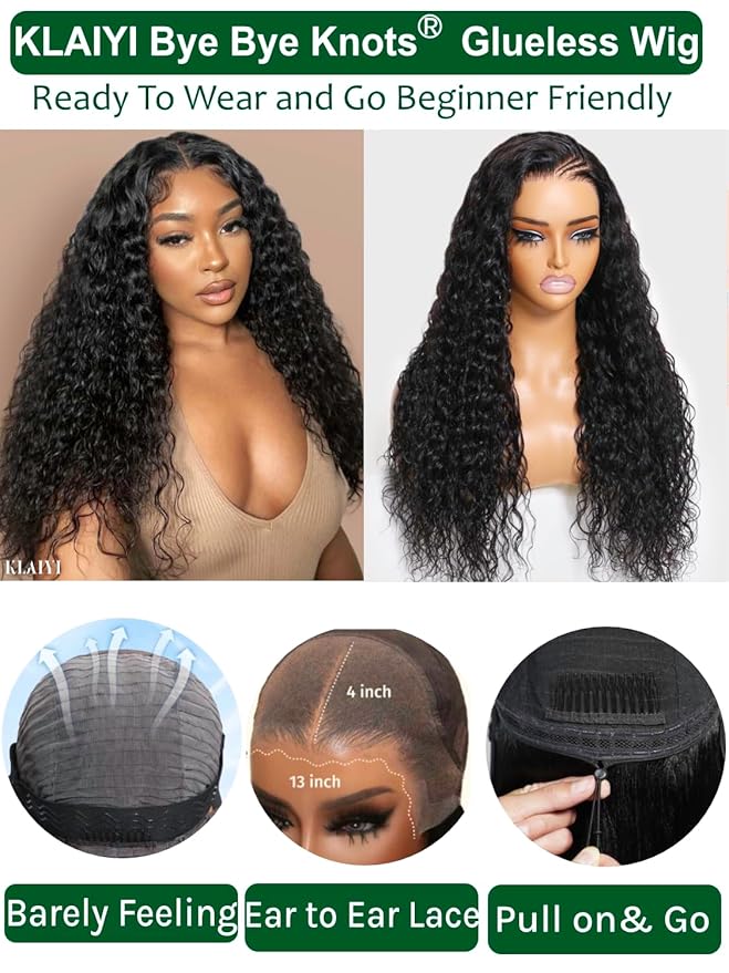 KLAIYI Water Wave Pre Everything Glueless 13x4 Lace Front Wigs Human Hair Precut Lace Pre Plucked Pre Bleached Bye Bye Knots Curly Wear and Go Beginners Wig with Drawstring 30S Ready to Wear 26Inch