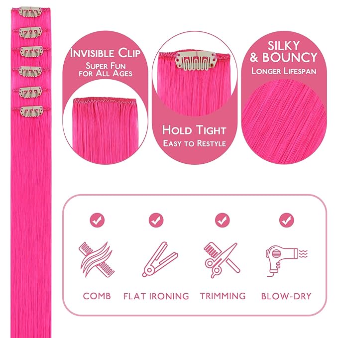 WENNALIFE Hot Pink Clip in Hair Extensions Real Human Hair 35g 6pcs 14 Inch Colored Hair Extensions for Kids Women Colorful Hair Pieces Pop-up Style Straight Extensiones De Cabello Humano Con Clip