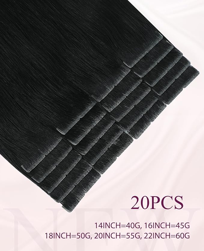 Pinkpearl Invisible Tape in Hair Extensions Human Hair, 20pcs 16inch 45g #1 Jet Black Injection Tape in Extensions Real Remy Straight Seamless Silky Human Hair Injected