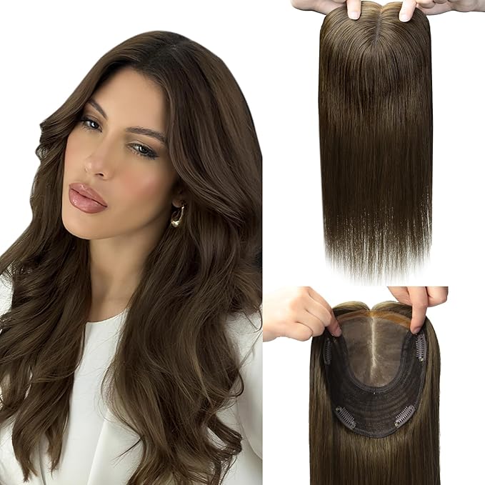 Hair Toppers for Women Real Human Hair 6x7inch 55g Large Base Chocolate Brown 12inch Hair Pieces for Women with Thinning 360°Cover Clip In Extensions Topper Add Volume (#4Toppers-12inch)