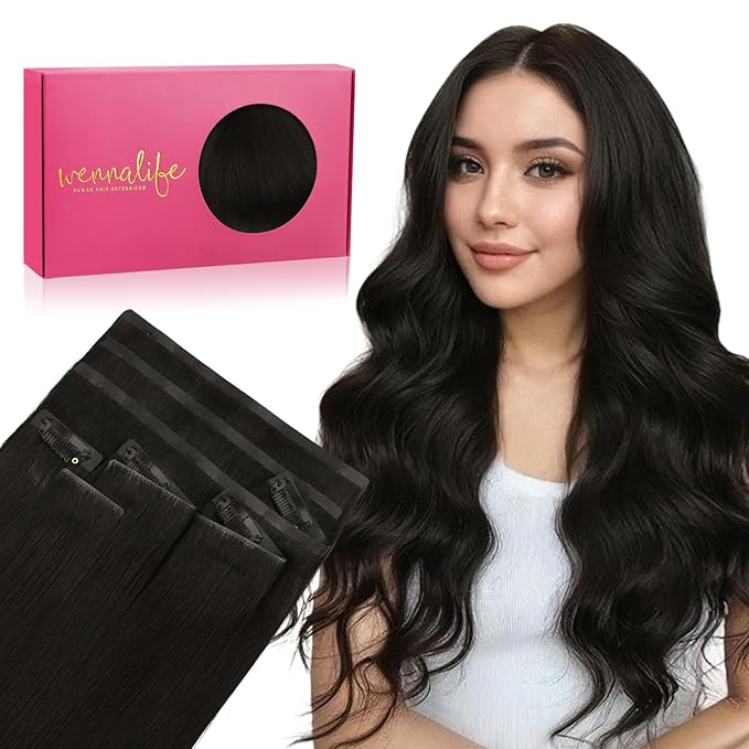 WENNALIFE Invisi Edge & Classic Seamless Clip in Hair Extensions Real Human Hair, 18 Inch 130 7pcs Natural Black Hair Extensions for Women Invisible Straight Injection Extensiones de Cabello Humano