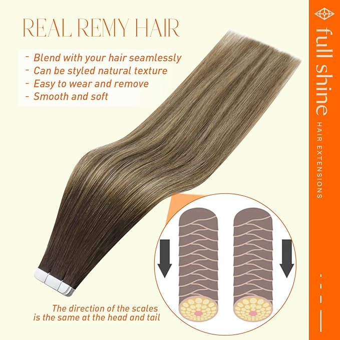 Full Shine Hair Extensions Real Human Hair 22 Inch Balayage Color 2 Brown Fading to 3 and 27 Honey Blonde Seamless Skin Weft Tape Hair Extensions Double Sided Tapes in 20Pcs 50G Straight