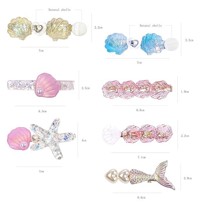 7PCS Iridescent Ocean Hair Clip Set - Mermaid Tail, Starfish, Seashell Designs with Pearl Accents, Beachy Hair Accessories for Vacations, Pool Parties & Summer Styling
