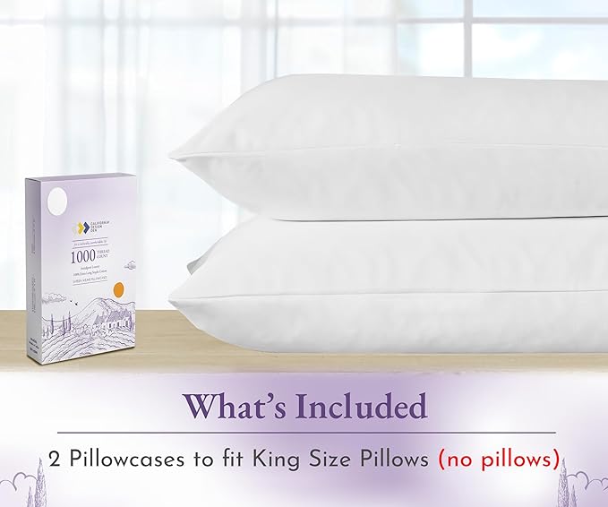 California Design Den King Size Pillow Cases Set of 2-1000 Thread Count Sateen, Soft and Thick 100% Cotton King Pillowcase Pair, Durable - White