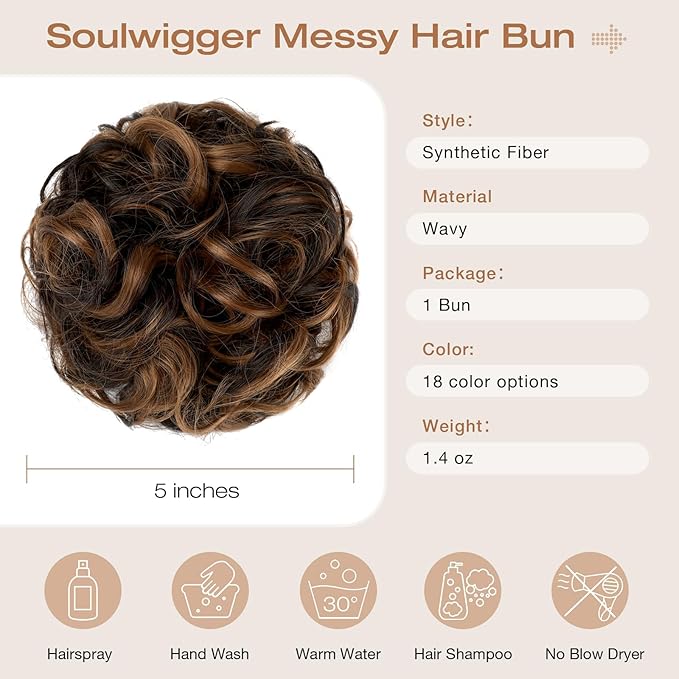 Messy Bun Hair Piece Wavy Curly Scrunchies Fluffy Donut Thick Updo Elegant Chignon Hairpieces for Women Girls, Dark Brown Mix Light Auburn 1.4oz