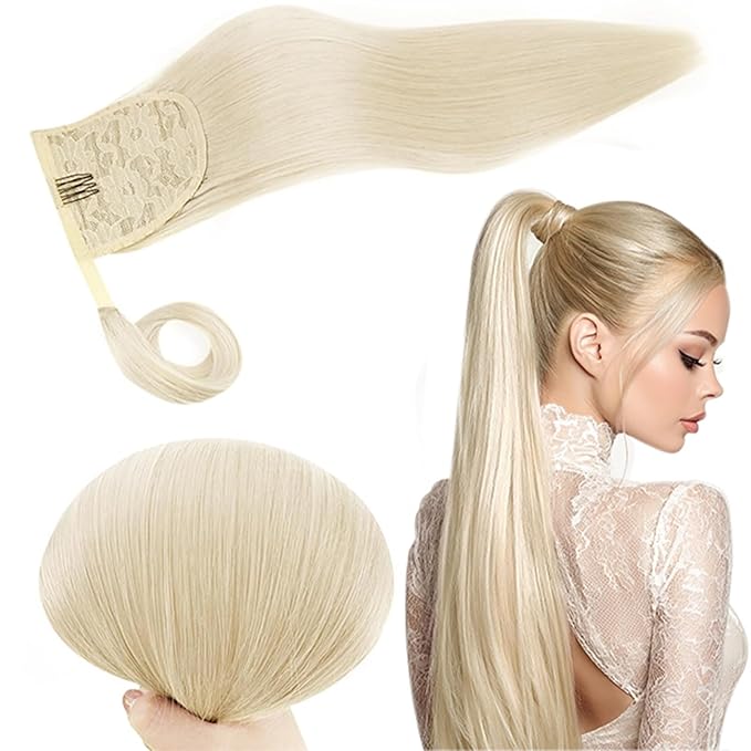 RUNATURE Blonde Ponytail Extension Human Hair, Wrap Around Real Hair Ponytail Extension, Straight Remy Human Hair Ponytail for Women 16 Inch 80g #800 Platinum Blonde