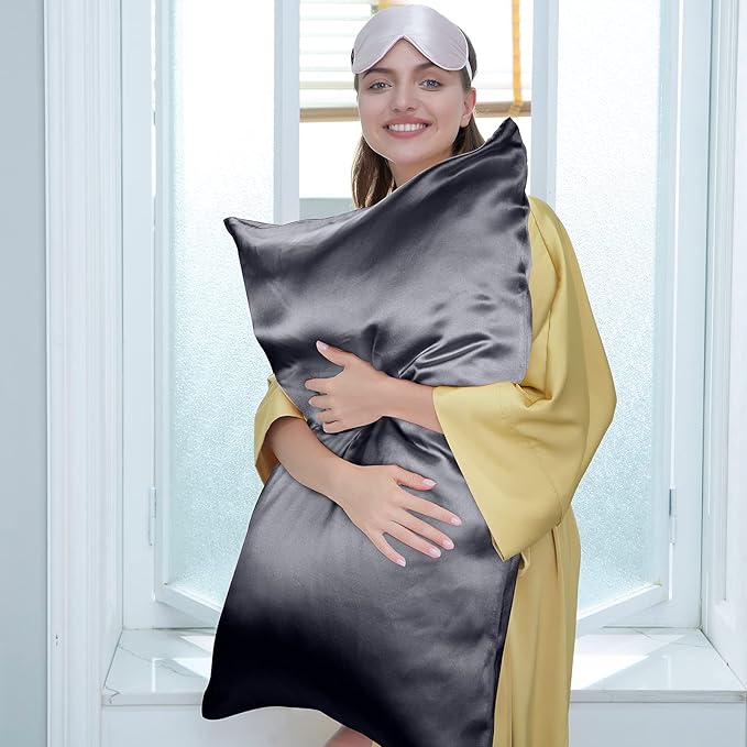 J JIMOO 100% Mulberry Silk Pillowcase for Hair and Skin, Both Sides 19 Momme Pure Natural Silk Pillowcases Soft Breathable King 20''×36'', Dark Grey 1 Pack