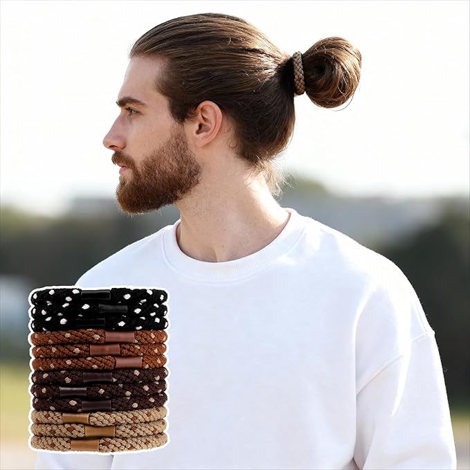 12PCS Braided Hair Ties for Men, No Crease No Slip Grip Elastic Bands, Strong Hold Ponytail & Beard Bands for Thick Curly Hair, Damage-Free Design for Sports, Workout, Daily Use