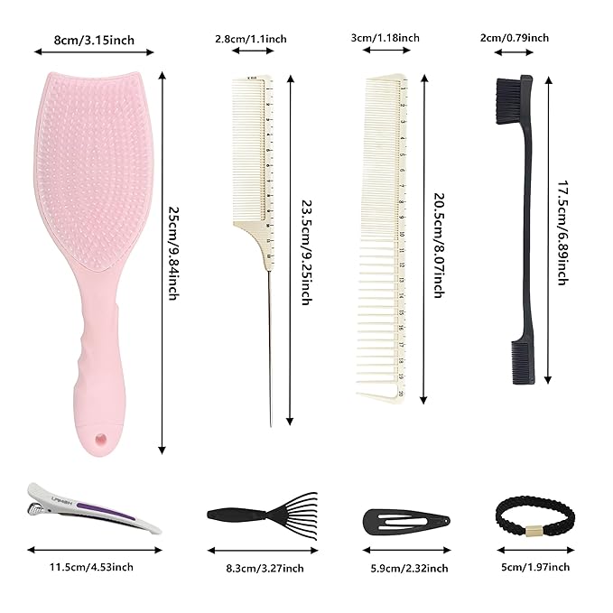 Hair Brush Set, Professional Styling Tools with Combs and Accessories, Pink, Gift Box Included (Pink Brush+Black Brush)