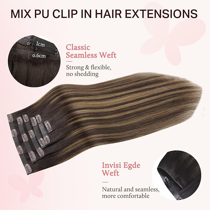 DOORES Clip in Hair Extensions Set 16 Inch 130g, 4pcs Invisi Edge Clip ins and 3pcs Classic Seamless Clip ins, Injected Virgin Real Human Hair Extensions Natural Invisible Straight, #(T2/6) P2