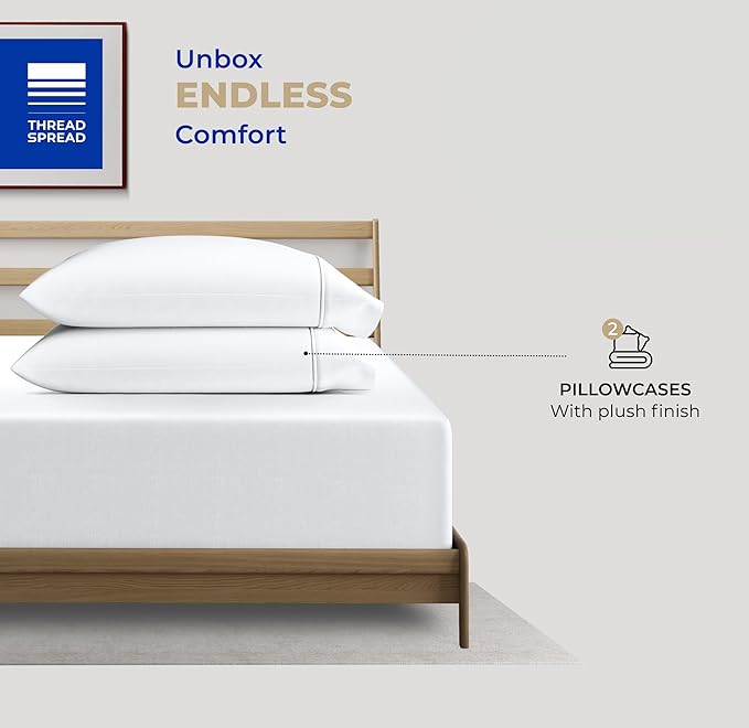 THREAD SPREAD 100% Cotton Pillowcases Standard/Queen Size Sets of 2-400 Thread Count White Cotton Pillowcases, Ultra Soft Cooling Sateen Weave Pillow Cases for Sleeping, Sets of 2 Pillow Covers