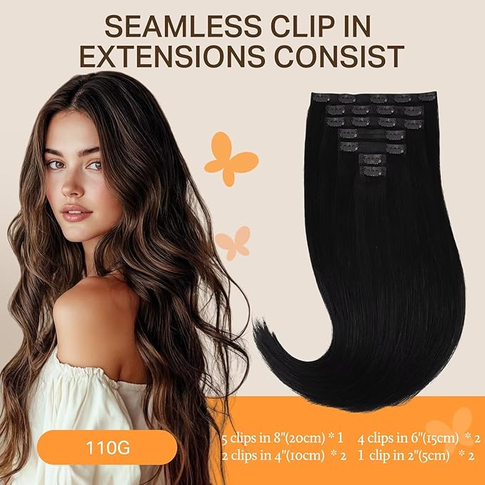 DOORES Seamless Clip in Hair Extensions Real Human Hair, Jet Black 110g 7pcs 20 Inch, Clip in Extensions with Skin Weft Remy Straight Hair Invisi Edge