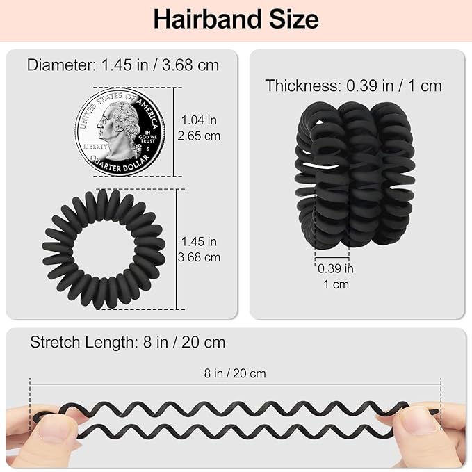 JessLab Spiral Hair Ties, 20 Pcs Traceless Phone Cord Hair Ties No Crease Spiral Bracelet Plastic Coil Ponytail Holders No-Damage Headband Hair Accessory for Girls Women Ladies Gift, Black Matte