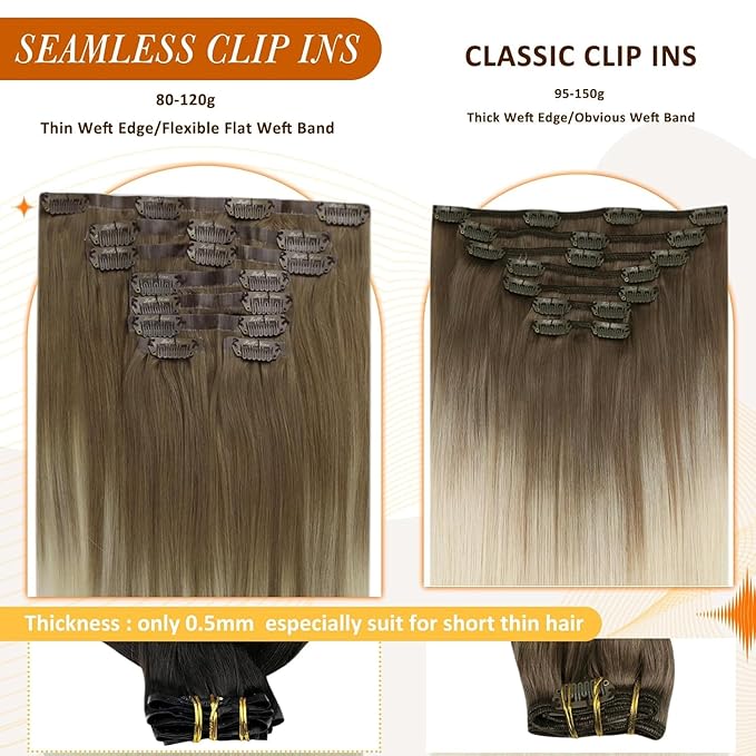 Full Shine Ombre Seamless Clip in Hair Extensions Ash Brown Ombre Platinum Blonde for Women Invisible Remy Hair Extension Clip ins 16 Inch 120 Grams 8 PCS