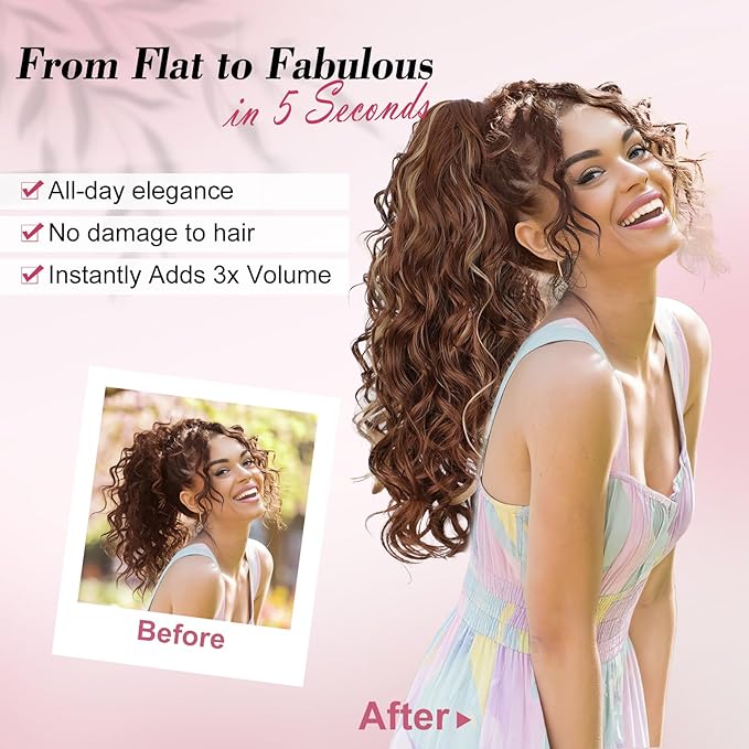 QGZ 20" Wavy Ponytail Extension, Claw Clip Ponytail Hair Extension, Natural Synthetic Hairpiece for Women Daily Use(Light Brown Mixed Blonde)