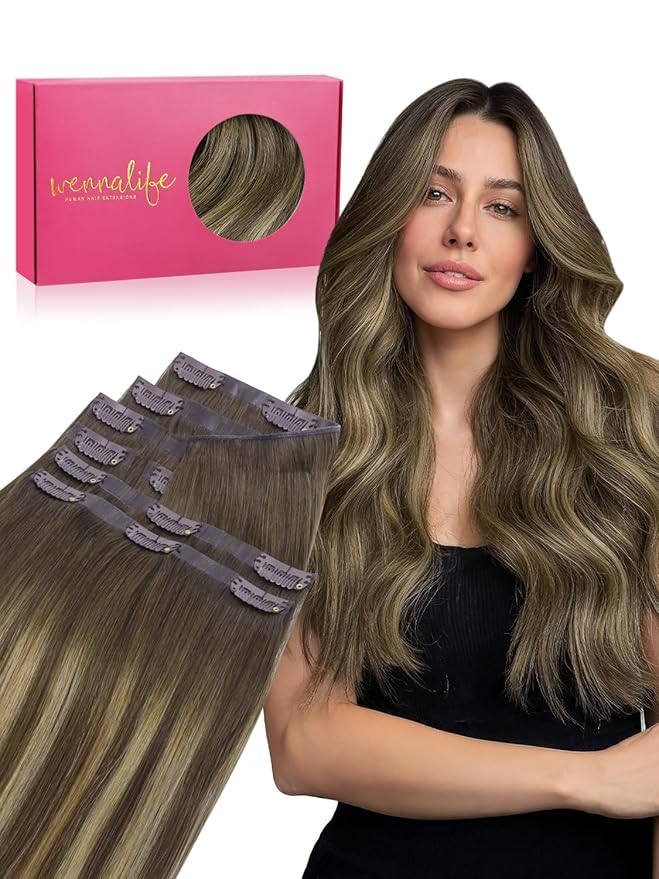 WENNALIFE Genius Seamless Clip in Hair Extensions Real Human 18 inch 120g 7 Pcs Balayage Chocolate Brown to Caramel Blonde Clip Ins Luxury Remy Hair Extensions De Cabello Humano