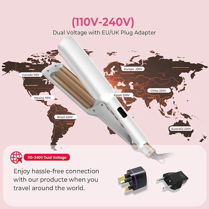 Hair Crimper Waver Curling Iron, 1/2 Inch Beach Waves Curling Wands, Ceramic 2 Barrels Deep Waver, Dual Voltage Hair Culer Tools with EU/UK Plug Adapter,12 Temps, 30S Heat up, Auto-Off (White Gold)