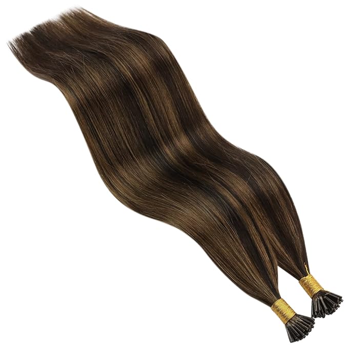 YoungSee I Tip Hair Extensions Human Hair Brown I Tip Hair Extensions Highlight Dark Brown with Brown Itip Human Hair Extension 20 Inch Highlight Pre Bonded Hair Extension Silky Straight 50s 50g