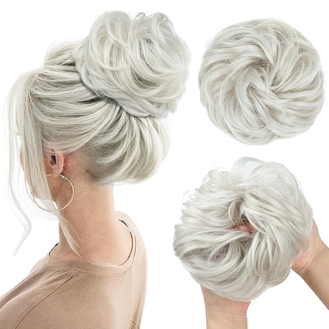 CJL HAIR Large Messy Bun Hair Piece Wavy Curly Scrunchies Synthetic Chignon Ponytail Hair Extensions Thick Updo Hairpieces for Women White