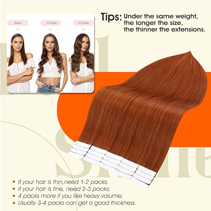 Full Shine Tape Extensions Human Hair Remy Tape in Extensions Color 550 Orange Red Adhesive Seamless Skin Weft Long Extension Add Length 18Inch 50Gram Natural Brazilian for Women 20Pcs