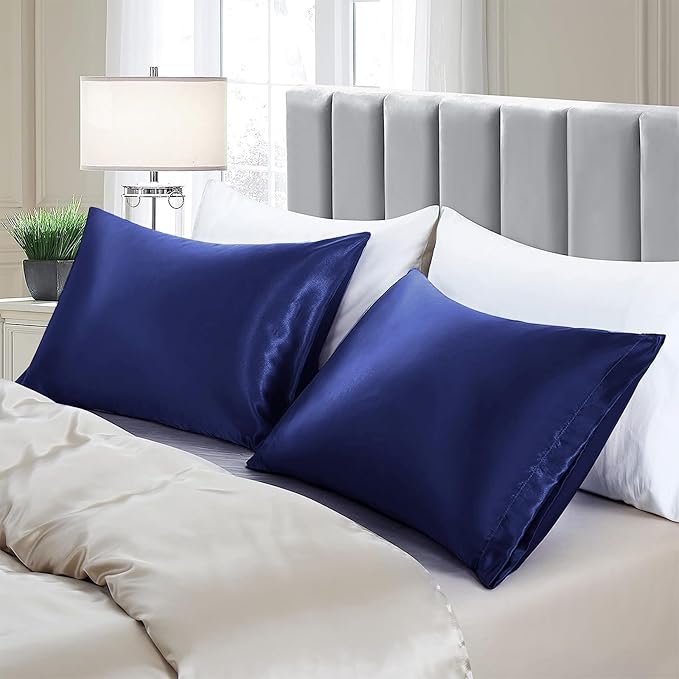 Aormenzy Satin Pillow Cases for Women King Size Set of 2, Navy Blue Satin Pillowcase for Hair with Envelope Closure Silky Pillow Covers Wrinkle, Fade Resistant (20x40 Inches)