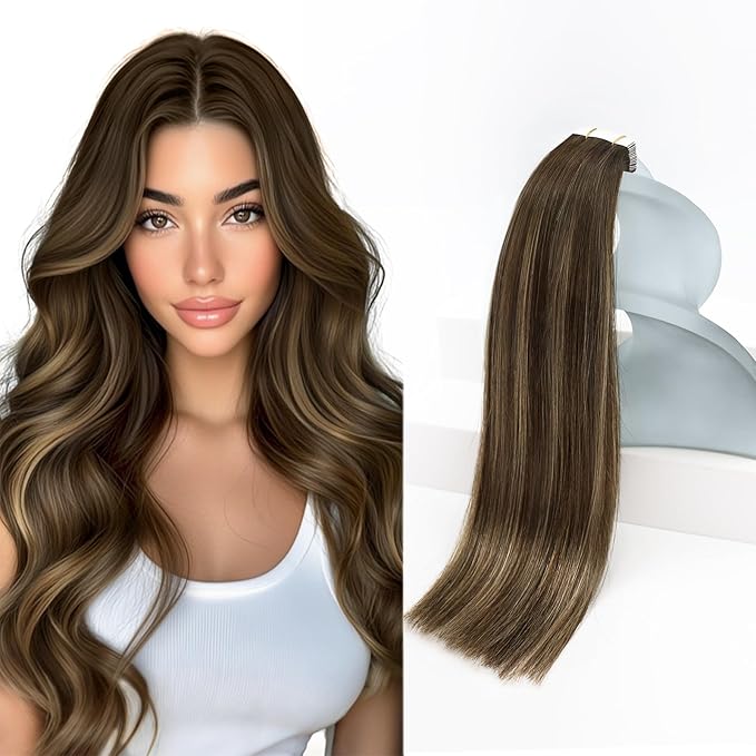 Sunny Hair Tape in Hair Extensions Real Human Hair Invisible Remy Hair Extensions Tape ins for Women Dark Brown Root to Caramel Blonde Balayage 12 inch 20Pcs