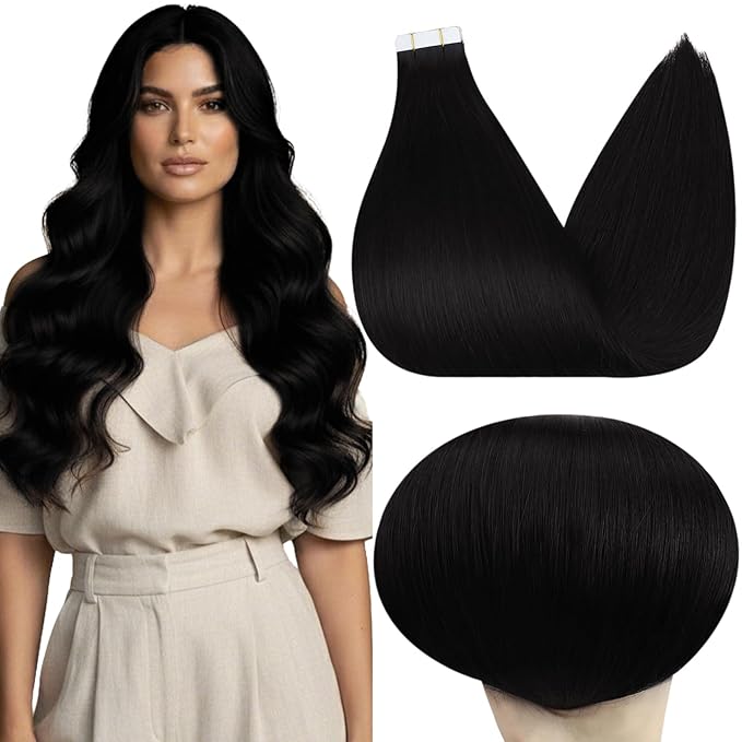 Full Shine Tape in Hair Extensions Human Hair 20Inch Color 1 Jet Black Soft Straight Tape Extensions Invisible Tape in Hair Extensions 40Pcs Seamless Skin Weft Hair Extensions Tape in 100G