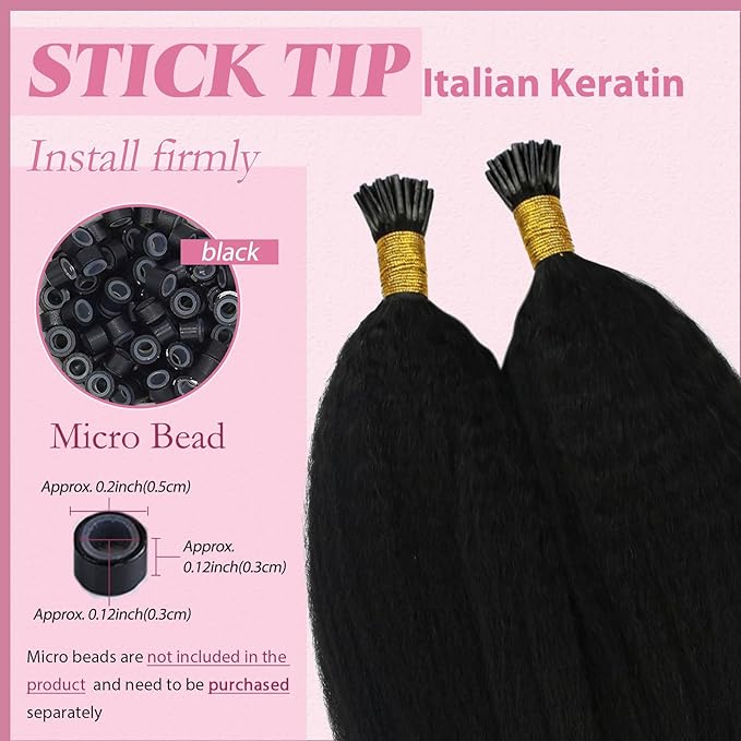 YoungSee I Tips Hair Extensions Kinky Straight 18 Inch Black I Tips Hair Extensions Real Human Hair Black Women 60s Kinky Itip Hair Extension Human Hair Yaki Pre Bonded Hair for Black Women 50g