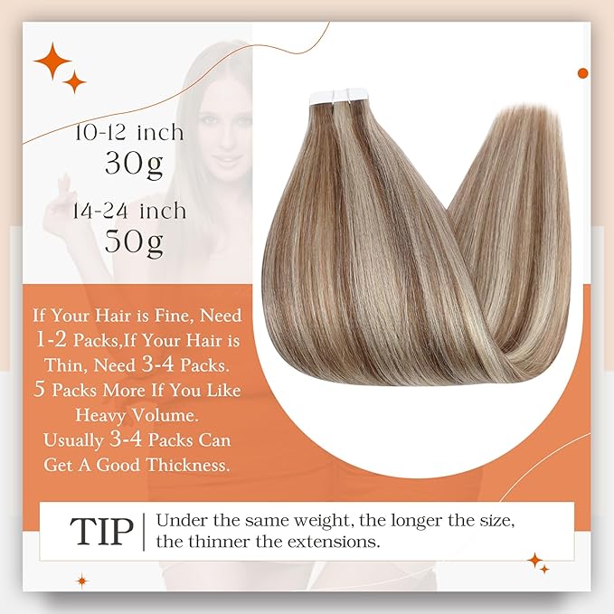 Full Shine Tape in Hair Extensions 14Inch Seamless Skin Weft Tape Hair Extensions Real Human Hair 10 Golden Brown Highlighted 613 Bleach Blonde Human Hair Extension Straight Hair 50G 20Pcs for Women