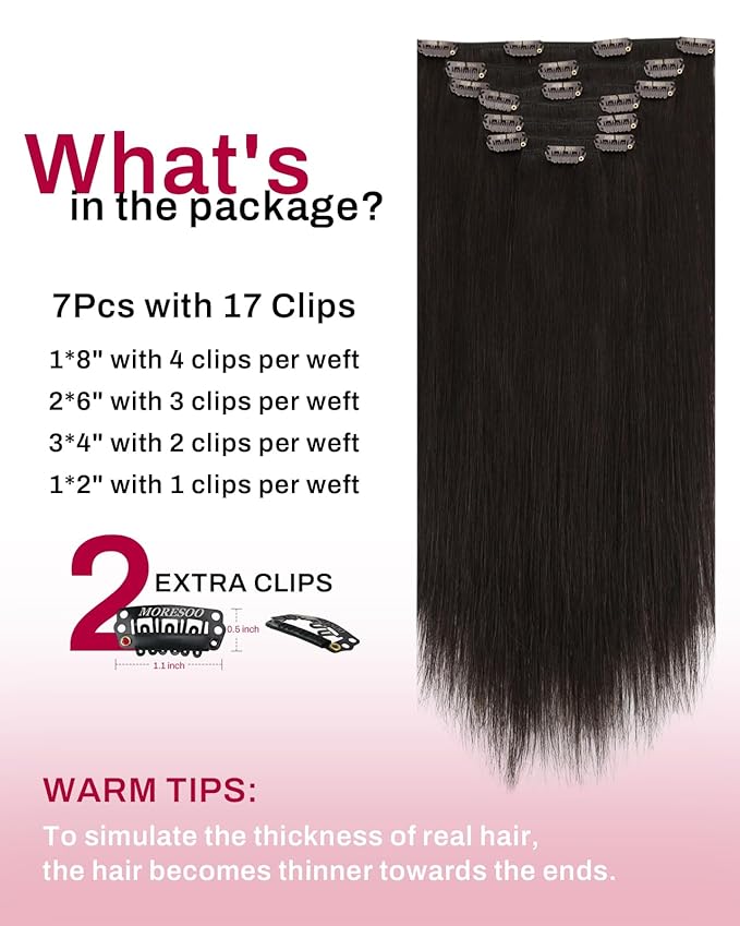 Moresoo Brown Clip in Extensions Remy Double Weft Clip in Human Hair Extensions Straight Hair Extensions for Women Dark Brown #2 7pcs 120g 18inch