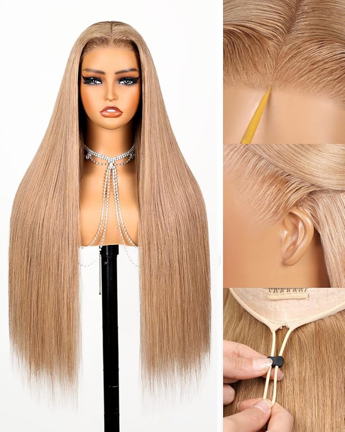 Arabella 13x6 Light Brown Blonde Wig Human Hair Glueless Wigs Human Hair Pre Plucked Pre Cut 13x6 Ear to Ear Full HD Lace Front Wigs 210% Density Straight Wig Drawstring Wig Human Hair 22 Inch
