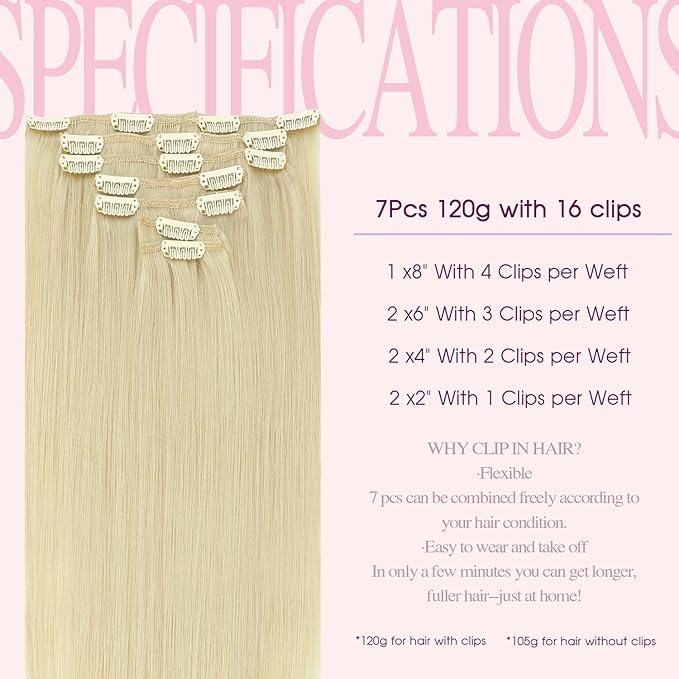 PINKPEARL Clip in Hair Extensions #60 Platinum Blonde Clip in Hair Extensions Real Human Hair 7pcs 120g 20inch Blonde Hair Extensios Clip ins for Women Straight Natural Human Hair Clip ins (#60-20)