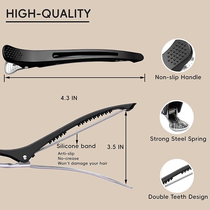 20 PCS Duckbill Hair Clips for Sectioning - 4.3” Professional Non-Slip Hair Clamps with Silicone Band, Gentle No-Mark Hold for Thick Hair, Styling & Coloring, Salon Hairdressing Accessories