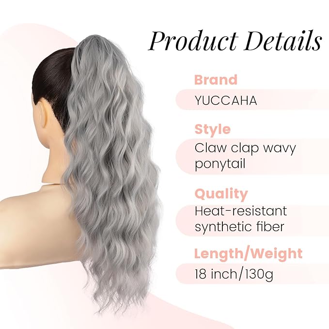 Ponytail Extension, 18 Inch Claw Clip Ponytail Extensions Curly Wavy Ponytail Hair Extension Jaw Clip on Pony Tails Hairpiece for Women Fluffy Natural Synthetic for Daily Use (Silver Grey)