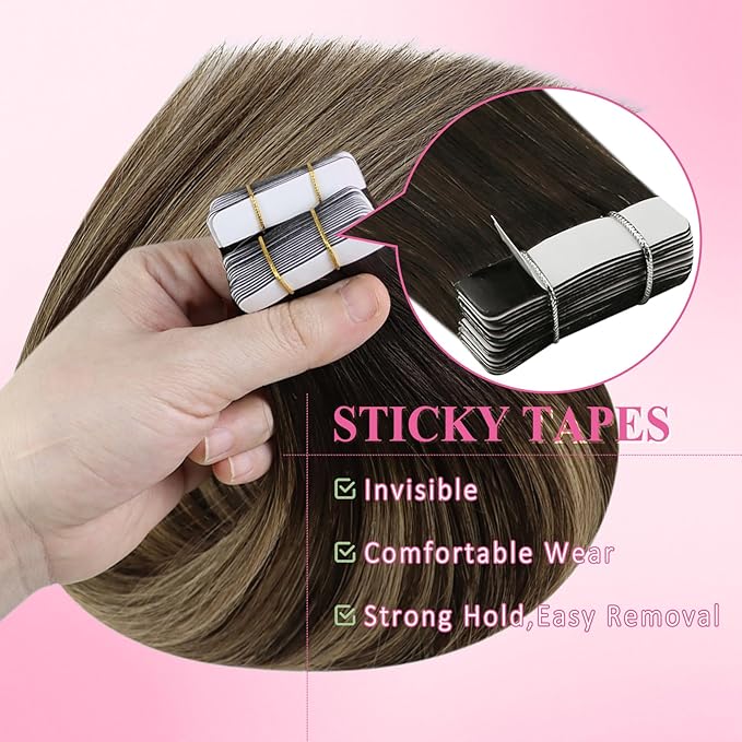 YoungSee Human Hair Tape in Extensions Brown Balayage Tape in Hair Extensions Real Human Hair 16 Inch Dark Brown Ombre Blonde Hair Extension Tapes in 20pcs Invisible Tapein Hair Extension 50g