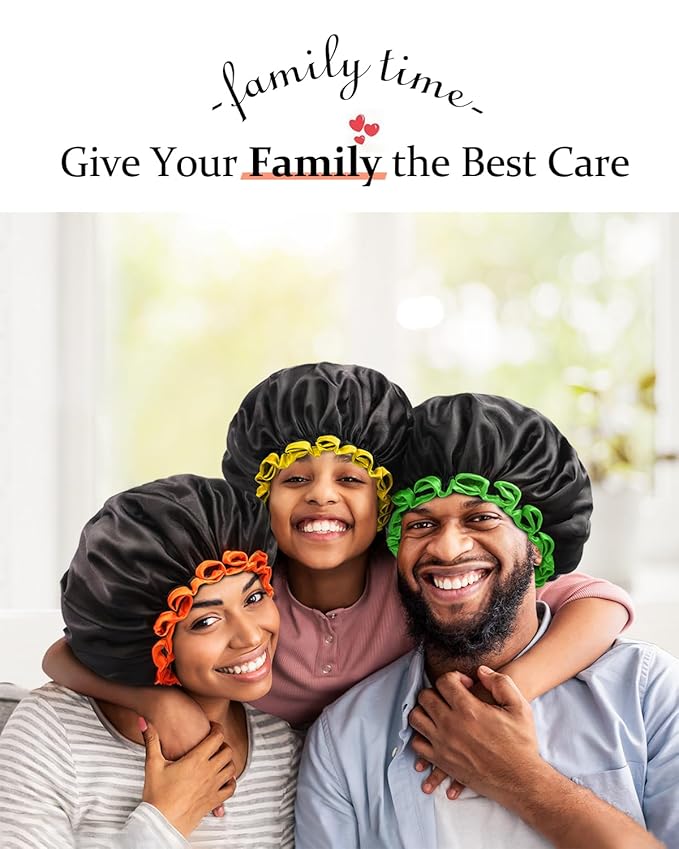 mikimini Small Black Shower Caps for Kids, Double Layers Waterproof Bathing Hair Cap with Reusable Soft Comfortable PEVA Lining, Cute, Non-fading & Stretchy Shower Hat Small Pack of 1, Black + Orange