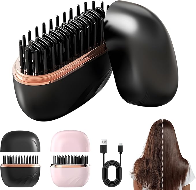 Mini Straightener, Rechargeable Portable Hair Straightener Brush, 3-Speed Temperature Control, Anti-Scald Shell, Lightweight & Portable Travel (Black)