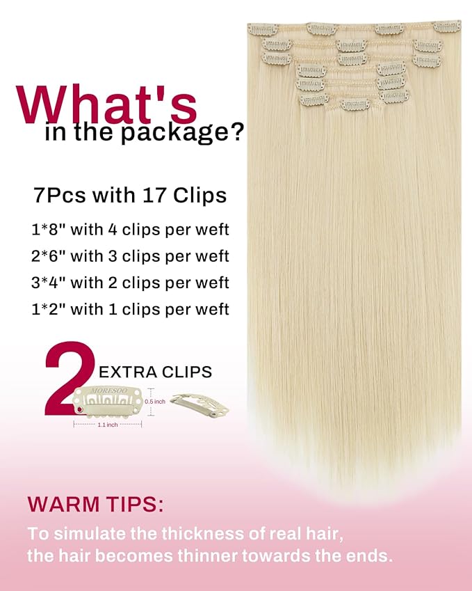 Moresoo Blonde Hair Extensions Clip in Long Golden Platinum Blonde Clip in Hair Extensions Human Hair Remy Double Weft 120g/7pcs 22 inch